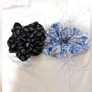 Black and Blue Floral Scrunchies Large set of 2